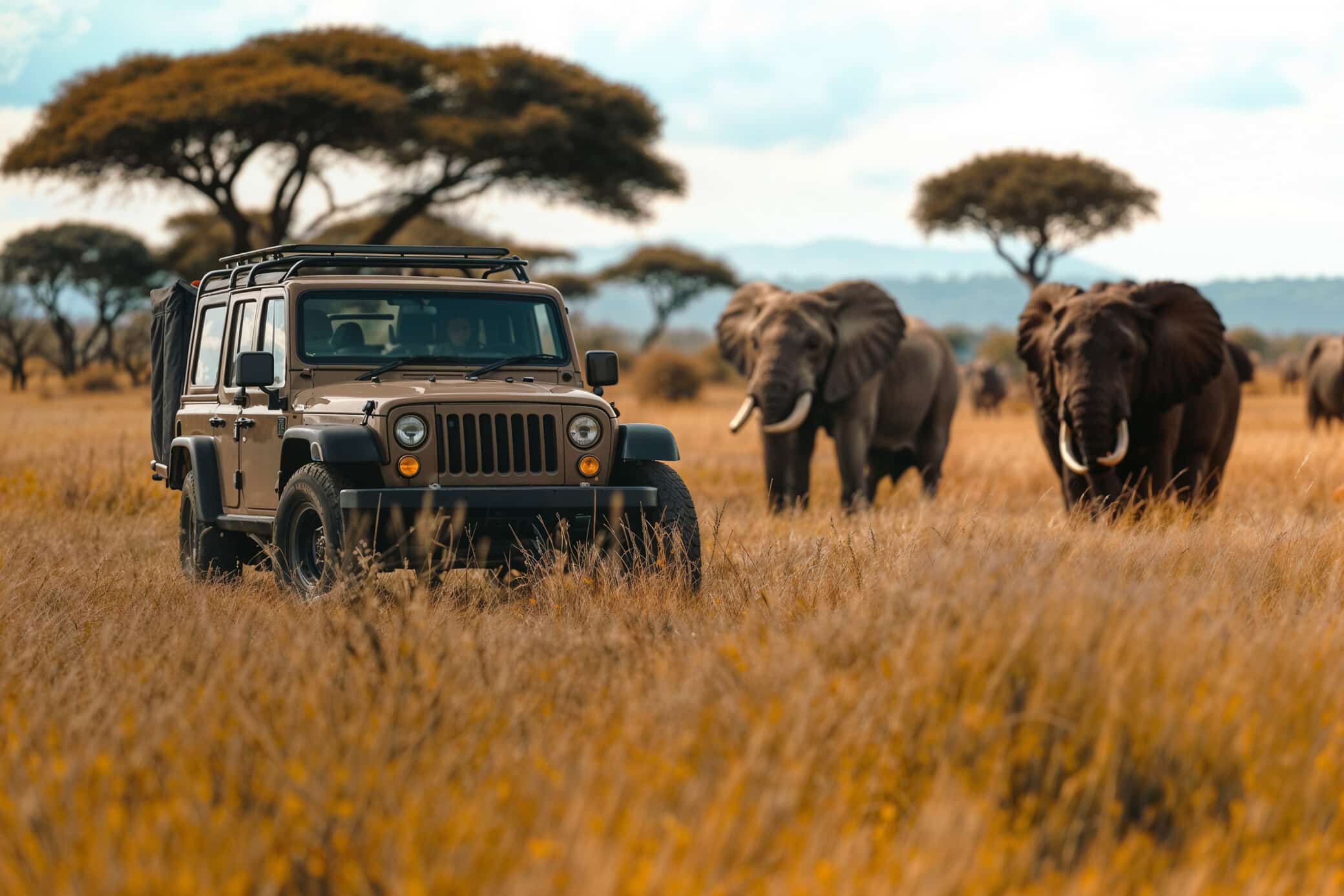 A lion resting in the savanna during a game drive in an East African park.